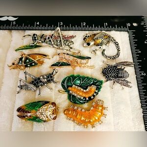 Lot of 9 Bug Brooches: Rhinestone Cicada, Locust & Caterpillar Enamel Pins